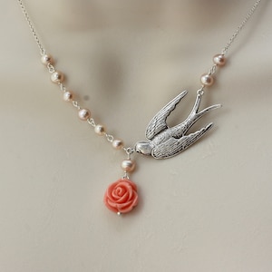 Swallow Sparrow Sterling Silver Necklace: Peach Rose & Pearl Charm