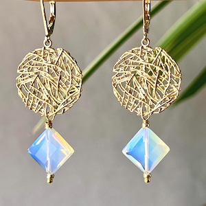 Opalite Diamond Earrings: Gold Mesh, Milky White Glass