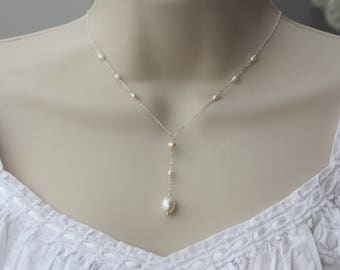 Collar en Y de plata esterlina: joyería nupcial con perlas de agua dulce blancas. Lea la descripción.