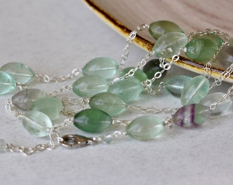 Green Fluorite Long Necklace, Silver Necklace, Elegant Gift, for Summer Weddings, Summer Style, Birthday Gift for Wife, for Daughter, Bijoux