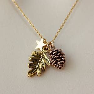 May include: A gold chain necklace with a star, leaf, and pinecone charm. The charms are all gold-toned except for the pinecone, which is copper-toned.