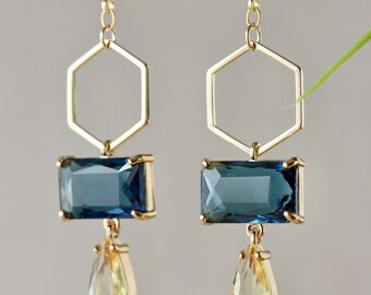 Festive, Yellow and Blue, Modern, Contemporary, Blue Crystal, Hexagon Charm, Gift for Daughter, for Wife, for Sister, Spring Trend, Bijoux