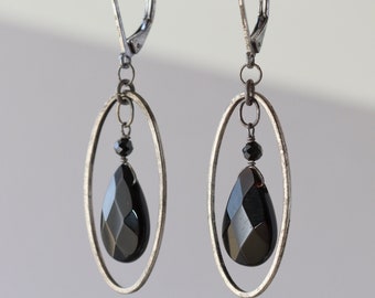 Black Onyx Earrings, Uneven Oxidized Oval Hoops, Halloween, Goth Jewelry, Rustic Style, Fall Trend, Gift for Daughter, for Mom, for Sister