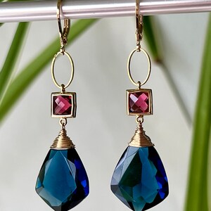 London Blue Hydro Quartz, Ruby Red, Gold Plated, Weddings, Bridal Earrings, for Maid of Honor, Birthday Gift, Summer Trend, Modern Style