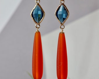 Extra Long Earrings, Orange, Blue, Bright Colors, Decorative, Beach Wedding, Gold Plated, Birthday Gift for Daughter, for Sister, Girlfriend