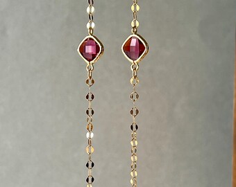Extra Long Earrings, Gold Chain with Ruby Red, Please Read The Description