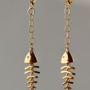Movable Fish Skeleton Earrings: Gold or Silver Plated, Cubic Zirconia