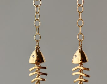 Skeleton Movable Fish Charm Earrings, Silver or Gold Plated, Christmas, Gift for Daughter, for Sister, for Girlfriend, Fall, Halloween