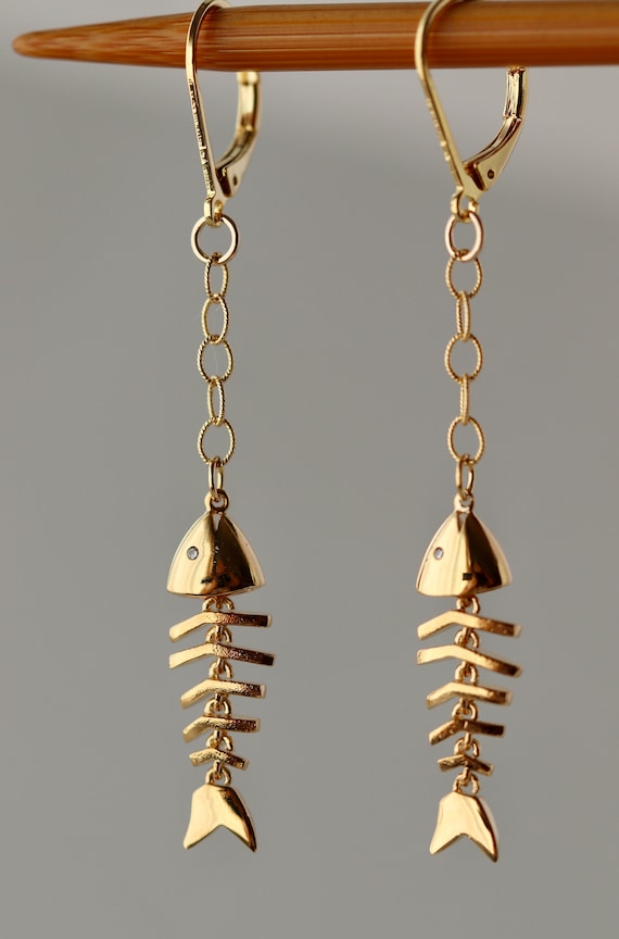 Movable Fish Skeleton Earrings: Gold or Silver Plated, Cubic Zirconia, Please Read The Description