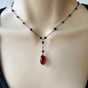 Garnet Marquise Glass, Black Silver, Minimalist Necklace, Vintage Style, Please Read The Description