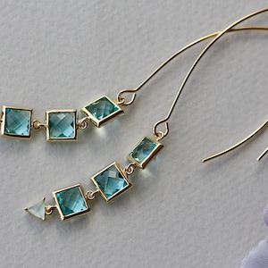 Aqua Blue Long Gold Earrings, March Birthday Gift, Wedding Party, Bridal, for Made of Honor, Birthday Gift for Daughter, for Wife, Easter