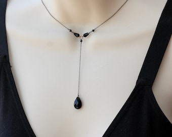Black Onyx Y Necklace: Oxidized Sterling Silver Goth Jewelry