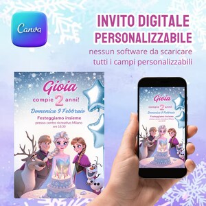 Può includere: Invito di compleanno digitale a tema Frozen, con Elsa, Anna, Kristoff, Sven e Olaf. L'invito include il testo "Gioia compie 2 anni!" e i dettagli dell'evento. Il logo Canva è visibile.