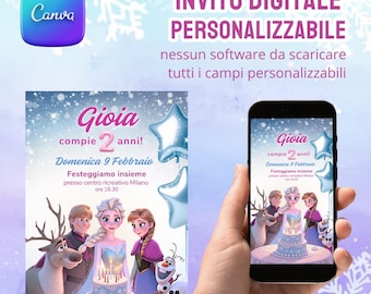 Invito di Compleanno Frozen Personalizzabile - Biglietto Digitale per Bambini, Tema Frozen con Elsa, Anna, Olaf - File Scaricabile