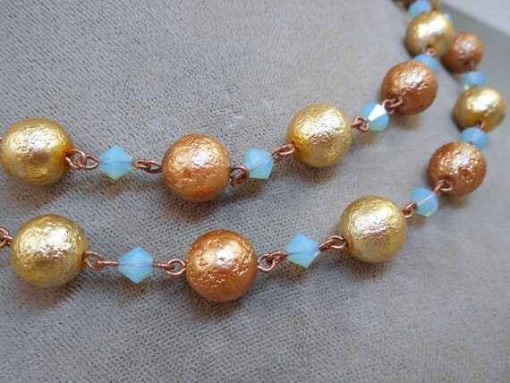 Vintage Gold Opalescent Blue Bead Necklace - image 2