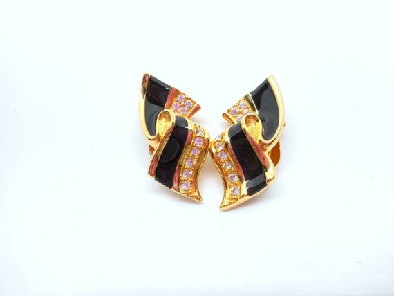 Vintage Swarovski Black Enamel Ribbon Earrings - image 2