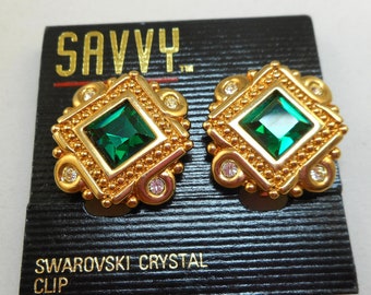 NOS Swarovski Savvy Green Rhinestone Earrings - MOC