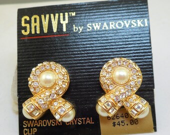 NOS Savvy by SWAROVSKI Rhinestone Pearl Earrings - MOC