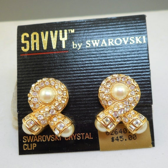 NOS Savvy by SWAROVSKI Rhinestone Pearl Earrings -