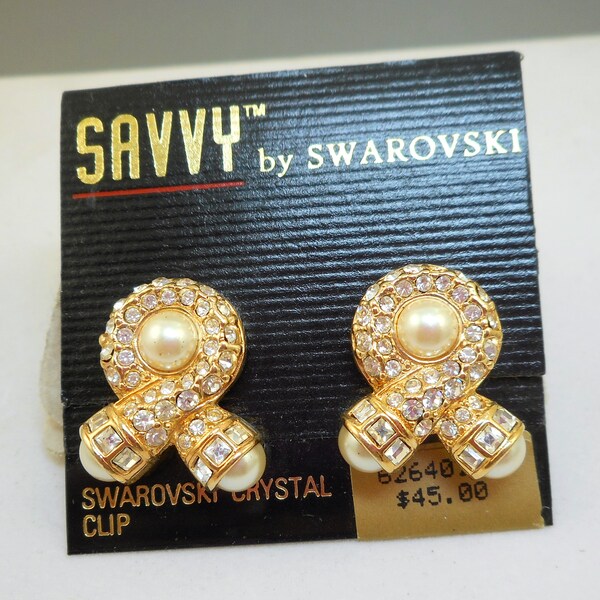 NOS Savvy by SWAROVSKI Rhinestone Pearl Earrings - MOC