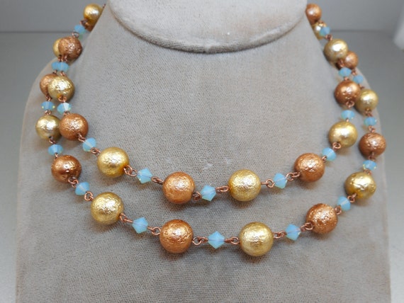 Vintage Gold Opalescent Blue Bead Necklace - image 1