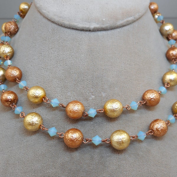 Vintage Gold Opalescent Blue Bead Necklace