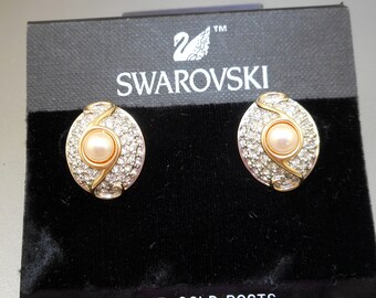 NOS Swarovski Rhinestone/Faux Pearl Post Earrings - MOC