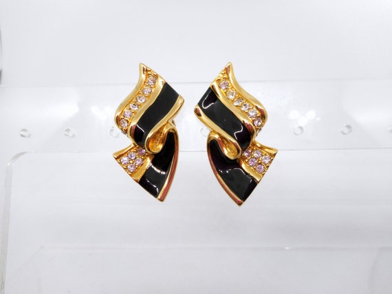 Vintage Swarovski Black Enamel Ribbon Earrings - image 1