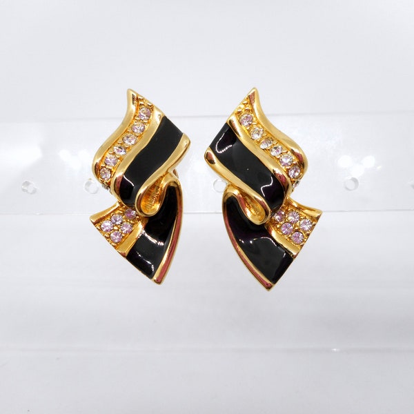 Vintage Swarovski Black Enamel Ribbon Earrings