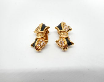 Swarovski Black Enamel Rhinestone Bow Earrings