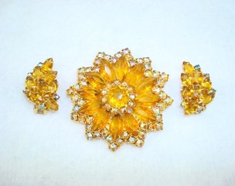 Amber Aurora Borealis Rhinestone Pin Earrings Set