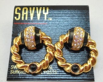 Savvy by Swarovski Door Knocker Gold/Black Post Earrings