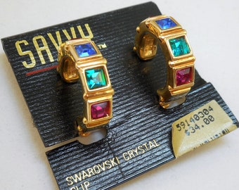 NOS Swarovski Savvy Jewel Tone Hoop Earrings