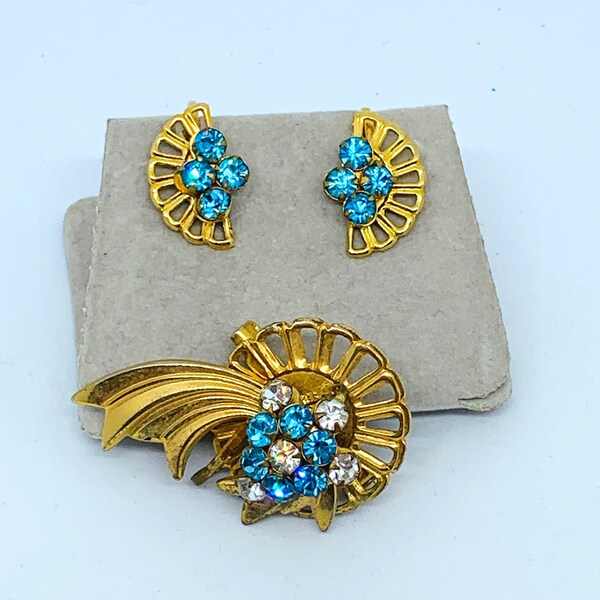 Turquoise Rhinestone Comet Pin Earrings Set - Vintage