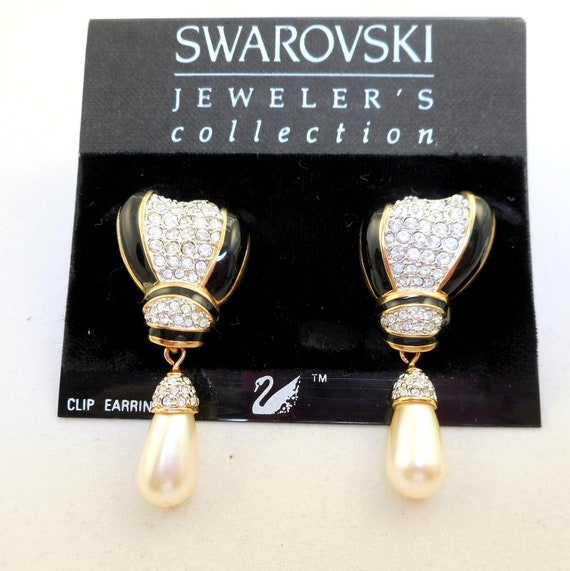 NOS Swarovski Black Enamel Pearl Drop Earrings - M