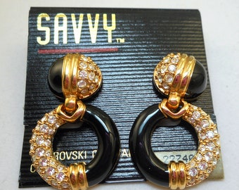 Savvy by Swarovski Dangly Black/Rhinestone Clip Earrings