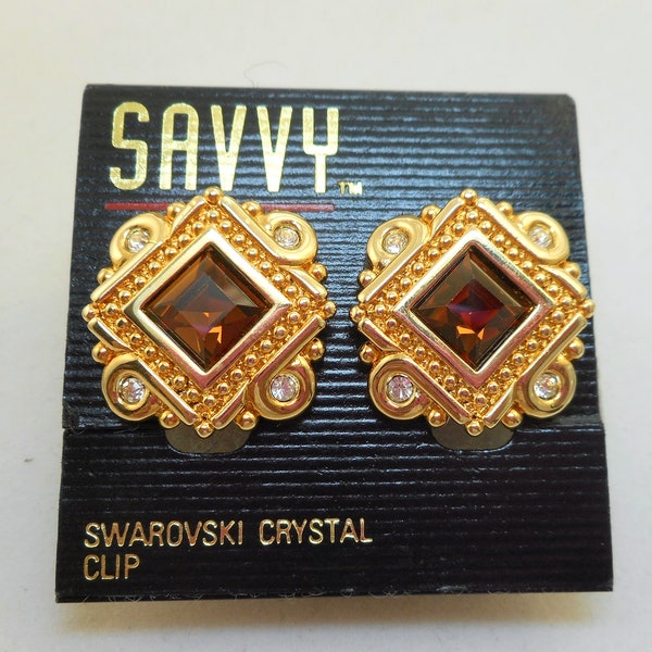 NOS Swarovski Savvy Topaz Rhinestone Clip Earrings - MOC