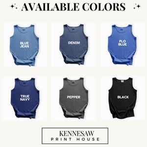 Comfort Colors tank top color options chart infographic displaying an organized grid of available garment colors with a clear label on the shirt image, offering a clean visual preview to help online customers view the full color palette and choose their preferred shade.