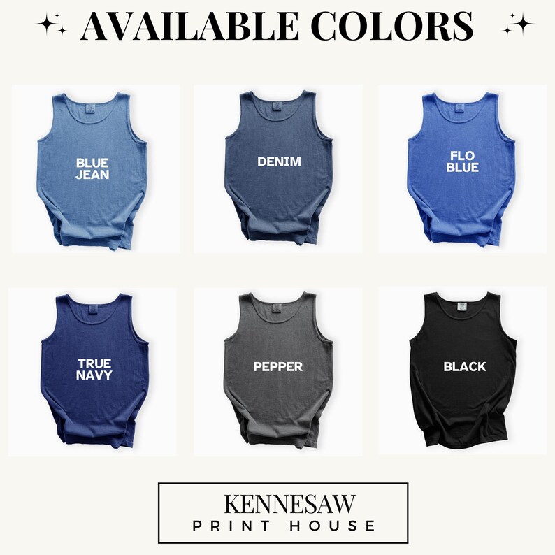 Comfort Colors tank top color options chart infographic displaying an organized grid of available garment colors with a clear label on the shirt image, offering a clean visual preview to help online customers view the full color palette and choose their preferred shade.