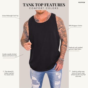 Comfort Colors tank top garment features guide infographic highlighting the premium quality and craftsmanship of the t-shirt. Features clean, modern callouts detailing high-end product specs like 100% ring-spun cotton, vintage garment-dyed finish, and relaxed unisex fit.