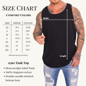 Comfort Colors unisex tank top size chart infographic displaying sizing measurements from Small (S) up to 3XL. A clean table grid shows width and length measurements in inches to help shoppers choose their perfect fit, with an instructional illustration showing how to measure garment width across the chest and length from shoulder to hem.