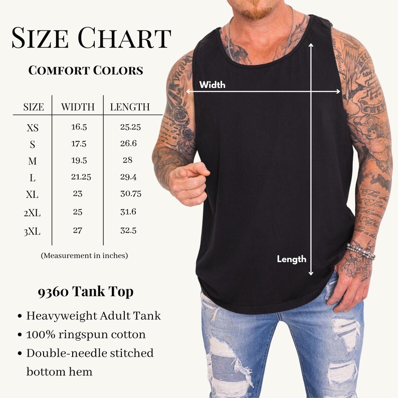 Comfort Colors unisex tank top size chart infographic displaying sizing measurements from Small (S) up to 3XL. A clean table grid shows width and length measurements in inches to help shoppers choose their perfect fit, with an instructional illustration showing how to measure garment width across the chest and length from shoulder to hem.