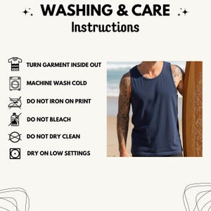 Comfort Colors tank top care instructions infographic with a clean aesthetic. It outlines step-by-step washing guidelines to keep the graphic vibrant: machine wash cold inside out with mild detergent, tumble dry on low heat or hang dry, do not bleach, do not dry clean, and do not iron directly over the design print.
