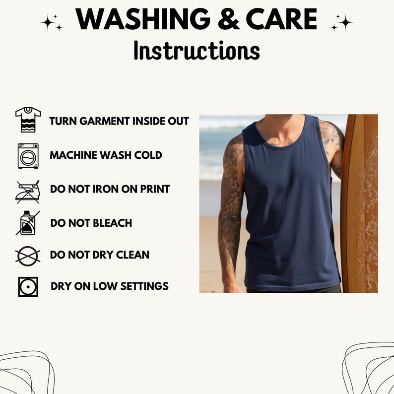 Comfort Colors tank top care instructions infographic with a clean aesthetic. It outlines step-by-step washing guidelines to keep the graphic vibrant: machine wash cold inside out with mild detergent, tumble dry on low heat or hang dry, do not bleach, do not dry clean, and do not iron directly over the design print.