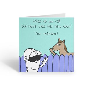 Tarjeta de felicitación imprimible con chiste sobre el vecino, divertida tarjeta de regalo para amantes de los caballos o los ponis, tarjeta de felicitación digital ilustrada a mano