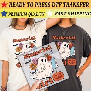 Material Girl Ghost Halloween DTF Transfer, Spooky Cute Ghost with Flowers and Pumpkin, Ready to Press Heat Transfer for Fall Apparel