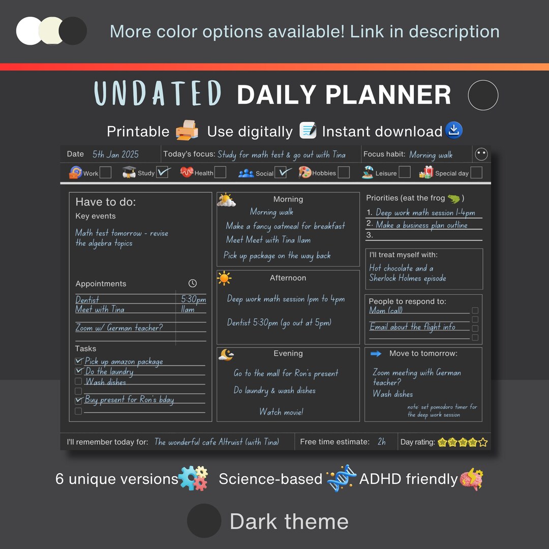 Dark Theme Undated Daily Planner 2025: ADHD Friendly (digital Download ...