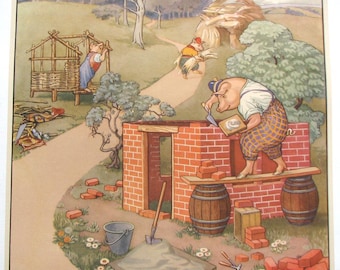 Poster vintage per bambini della fiaba britannica dei 3 porcellini degli anni '30