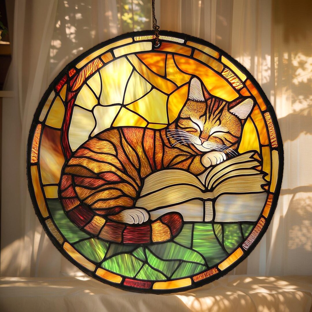 Sleeping Cat Acrylic Faux Stained Glass Suncatcher – Cozy Window ...