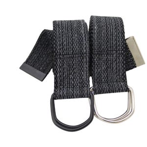 May include: Two black and gray woven belts with D-rings. One belt has a black D-ring and the other has a silver D-ring. The belts have a rectangular metal buckle and a black rectangular end.
